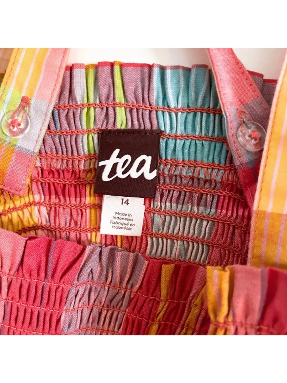 Tea Collection Madras Smocked Flutter Sleeve Dress, Size 14